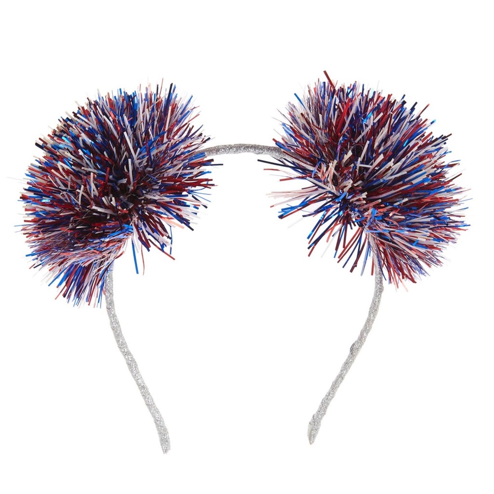 CAPELLI TINSEL FIREWORKS POMPOM HEADBAND SILVER RED BLUE OS NWOT